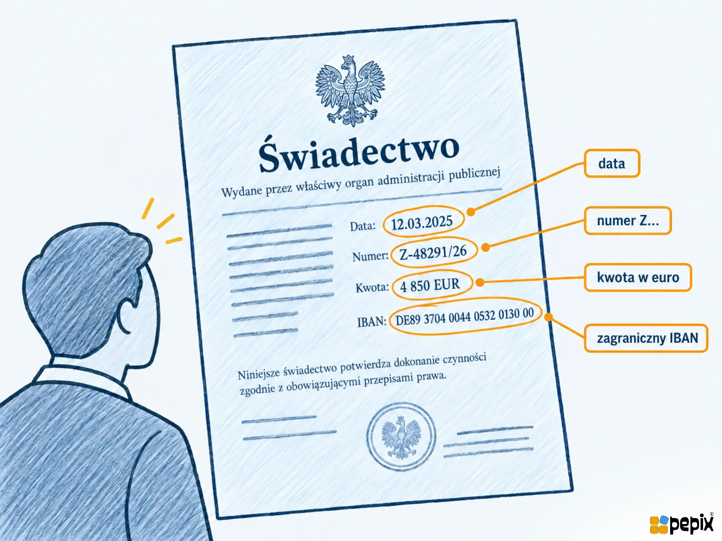 Fałszywe świadectwo ochronne z godłem: zawyżona data, numer z przedrostkiem Z zamiast R, kwota w euro i zagraniczny IBAN