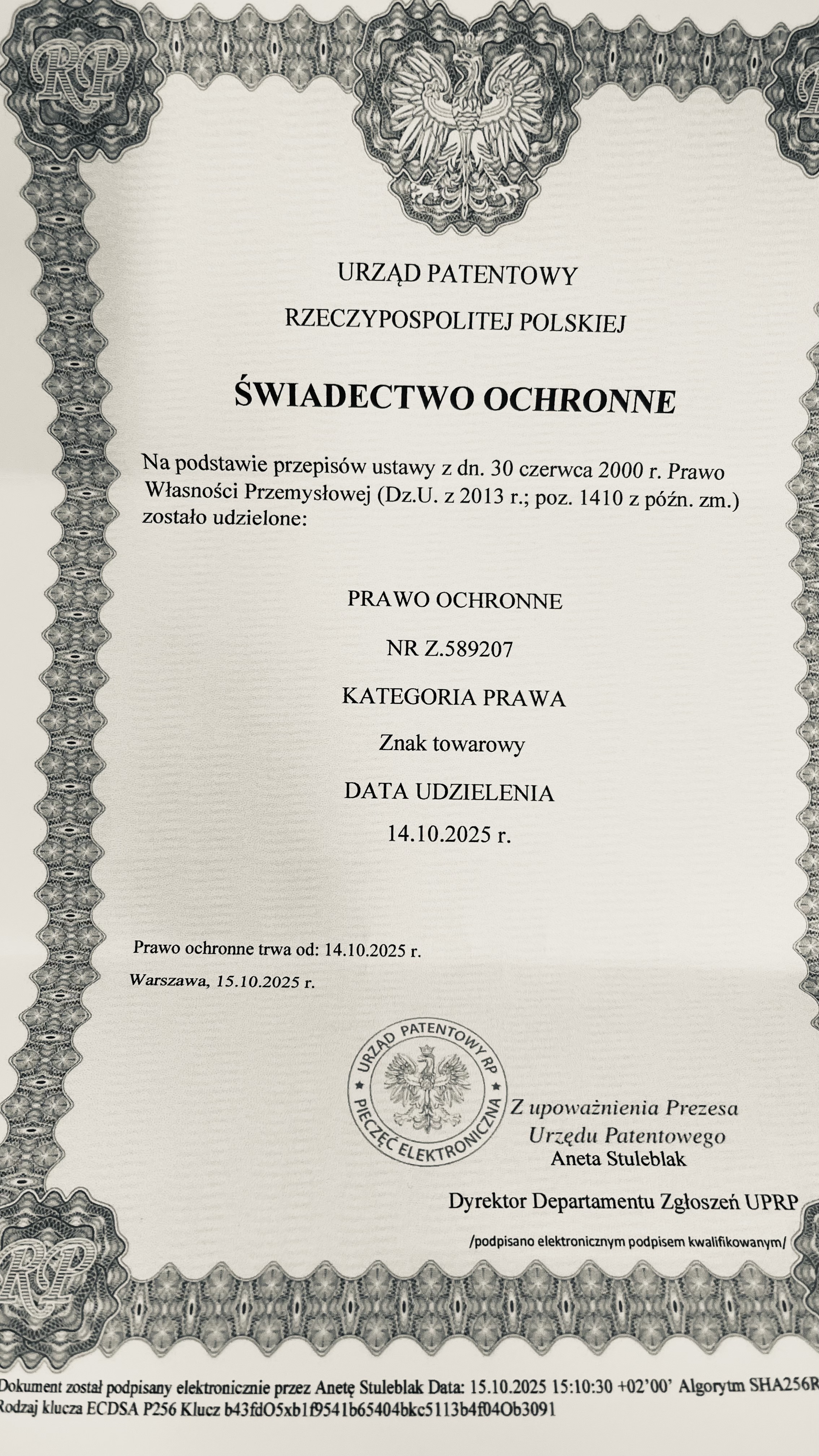 Zdjęcie fałszywego świadectwa ochronnego z godłem: numer Z.589207, data udzielenia 14.10.2025, podpis „z upoważnienia Prezesa Urzędu Patentowego”
